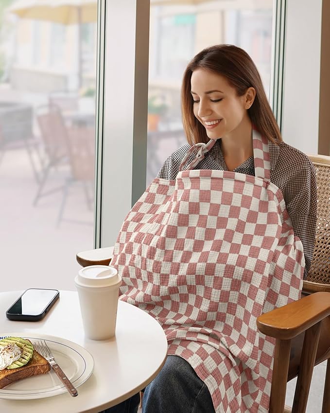 Blissful Diary Muslin Nursing Cover for Breastfeeding, Breathable Breastfeeding Cover up with Arch Neckline for Women, Nursing Apron (Dusty Pink Checkboard)