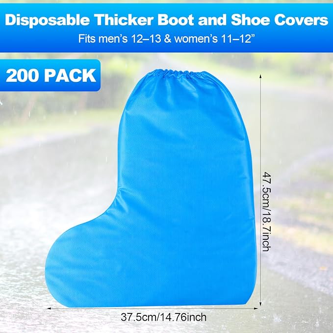 Chicingyou 200 Pack Thick Disposable Boot and Shoe Covers Non Slip Heavy Duty Plastic Shoe Covers 19" Tall for Indoors Outdoor Rain Snow Contractors Plumbers Gardening Work Boots (Blue)