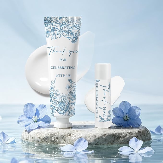 30 Sets Moisturizing Hand Cream Lotion Lip Balm Kit Bulk for Wedding Thank You Welcome Gifts Something Blue Floral Theme Birthday Shower with Boxes Rustic Vintage Aesthetic Wedding