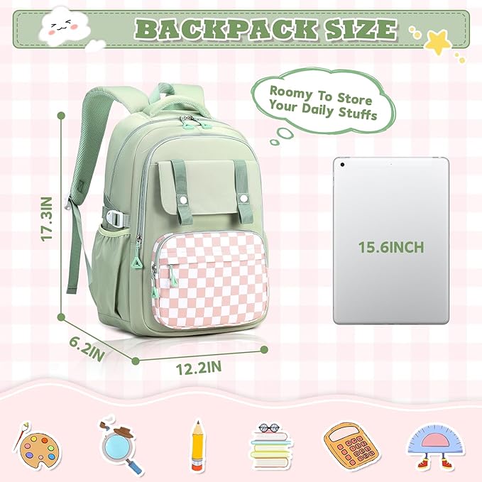MUSEVOS Girls Backpack, Ideal School Backpack for Girls from Elementary to Teen Years, Kawaii Bookbag Cute Large Capacity, Checkered, Green