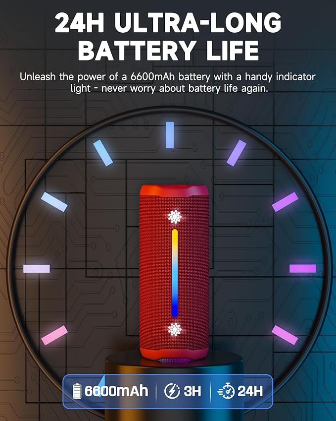 OHAYO Bluetooth Speaker, Portable Wireless, IPX7 Waterproof, Powerful 25W Sound, 24H Playtime, Dual Pairing, Active Bass, Colorful Lights, Bluetooth 5.3, Outdoor Speakers for Home/Party/Beach, Red