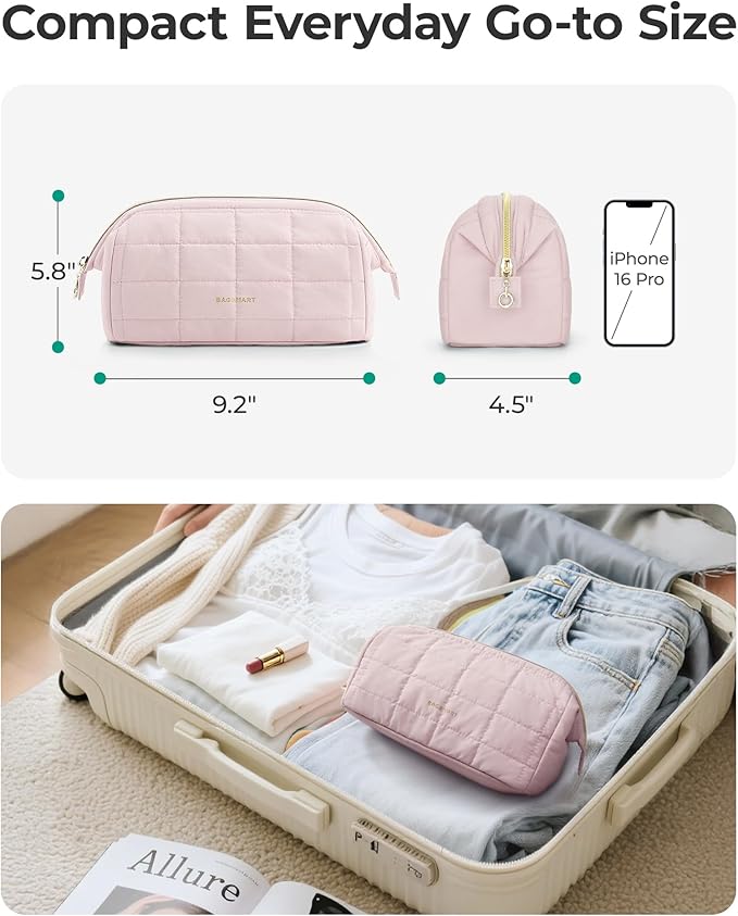 BAGSMART Makeup Bag Travel Toiletry Bag, Puffy Padded Make Up Bags for Women Makeup Organizer Case, Wide-open Pouch Purse Travel Essentials Toiletries Accessories Brushes, Ditsy Cherry