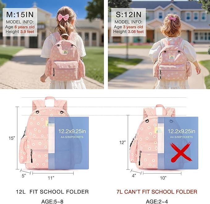 STEAMEDBUN Corduroy Kids Backpack for Girls and Boys 5-8: Girls Backpack for Elementary Kindergarten - 15 inch Cute Backpacks for Kids - Sakura