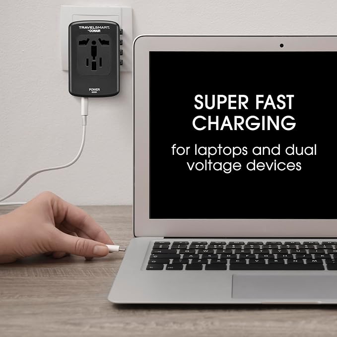 Conair Fast Charge Universal Travel Adapter - All-in-One European and Worldwide Travel Plug Adapter with Surge Protection - Includes USB C Port