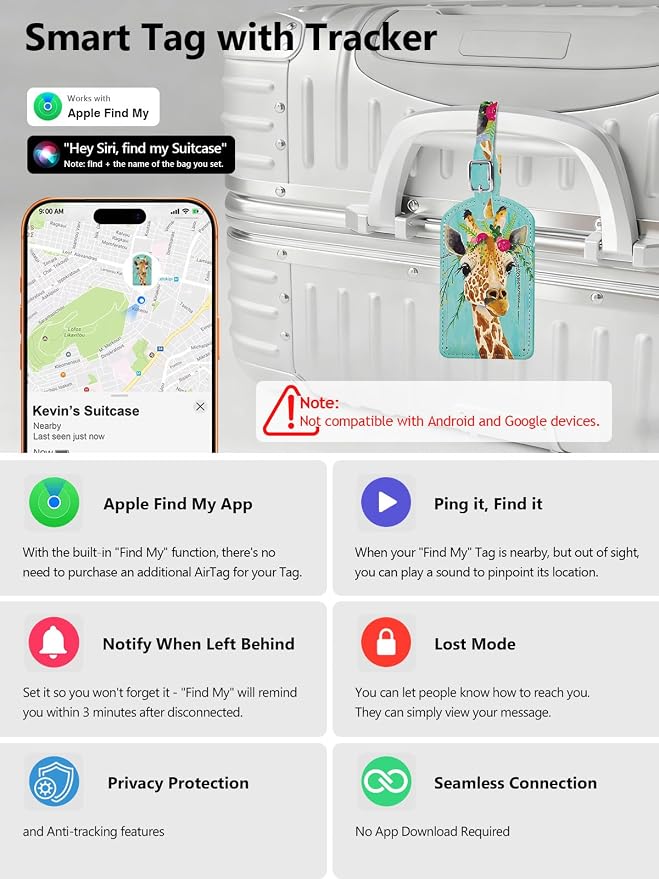 Luggage Tags Built-in Anti-Loss Tracker & Luxury Leather(Giraffe) | for Suitcase, Travel Bags, Backpacks, Travel Organizer for Lost Baggage Prevention