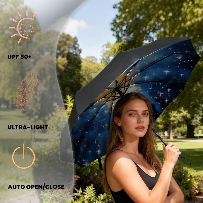 SIEPASA Compact Travel Umbrella - Windproof Auto Open/Close, Small Folding Umbrella for Rain & Sun with UPF50+ - Lightweight Frame, Waterproof - Fits Backpack, Purse, Suitcase.(Nebulas)
