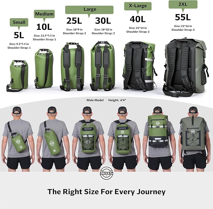 STOVER 5/10/25/30/40/55L Waterproof Dry Bag- Roll-Top Backpack w/Phone Case- Kayaking, Hiking, Camping, Boating- Men/Women