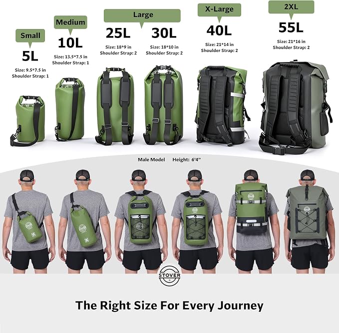 STOVER 5/10/25/30/40/55L Waterproof Dry Bag- Roll-Top Backpack w/Phone Case- Kayaking, Hiking, Camping, Boating- Men/Women