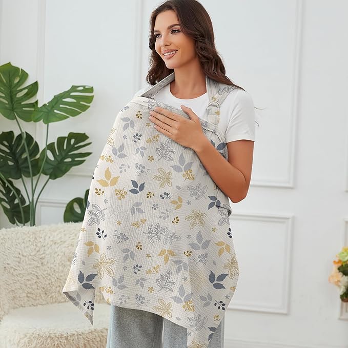 Muslin Nursing Cover for Baby Breastfeeding, Breathable 100% Cotton Breastfeeding Cover with Rigid Hoop for Mother Nursing Apron (Leaf Collection)