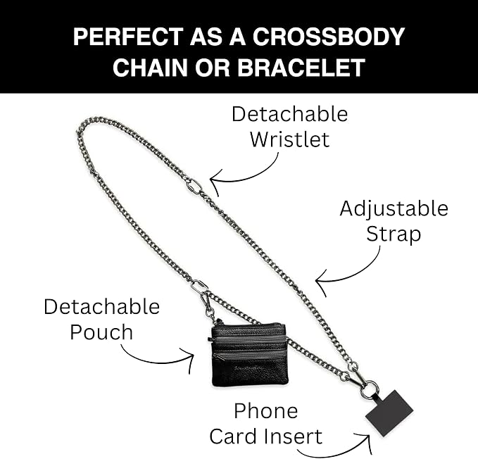 Save the Girls Clip and Go Phone Metal Chain with Pouch (Gun Metal - Black Pouch) – Stylish Phone Lanyard Crossbody with Wallet for Women, Hands-Free Carrying and Adjustable Crossbody Chain Strap