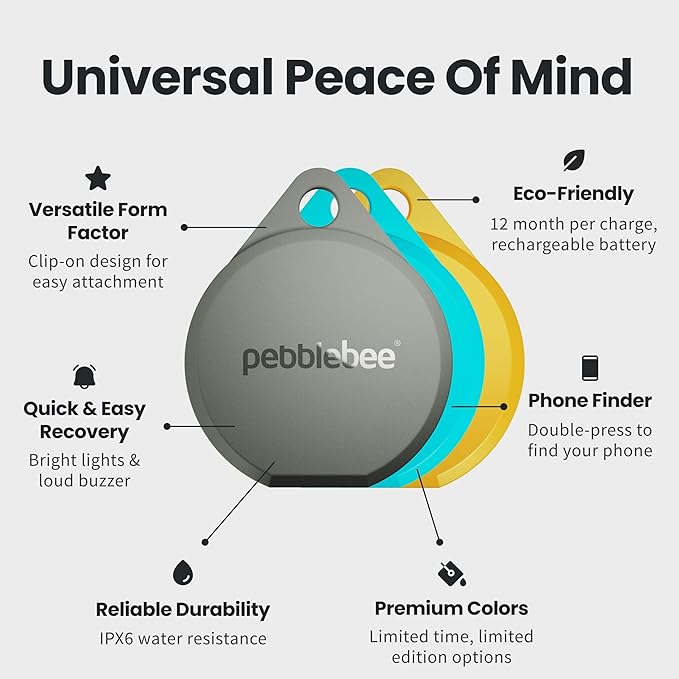 Pebblebee Clip 5 | Rechargeable Bluetooth Tracker Tag for Keys & Bags | Alternative to Air Tag & Android Trackers | 130 dB Siren, Bright LED Strobe, 12-Month Battery, Alert Safety Mode & Phone Finder