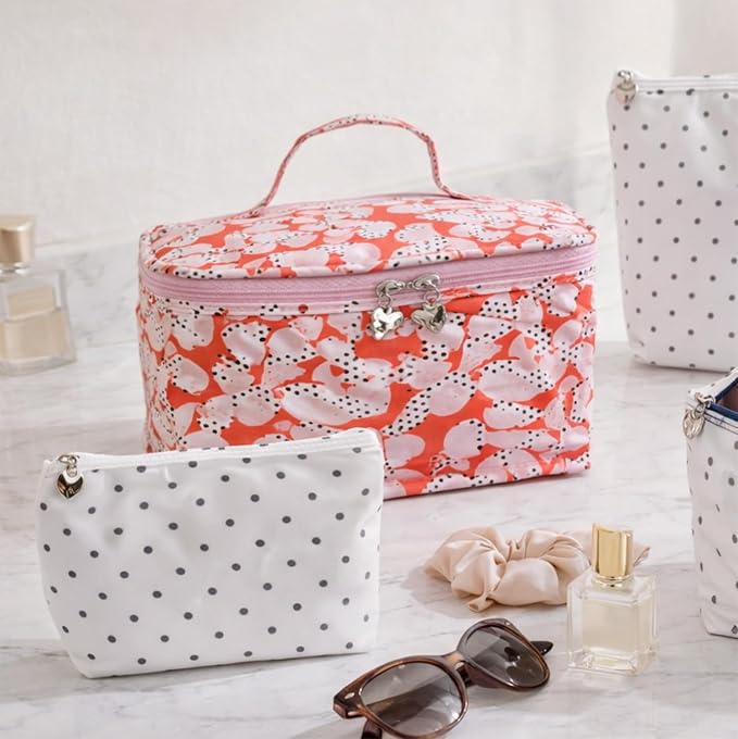Jacaranda Living Vanity Cosmetic Bag – Structured Makeup Case with Handle, Water-Resistant PVC Lined Cotton, Travel Toiletry Organizer – Pebble Polka Dot