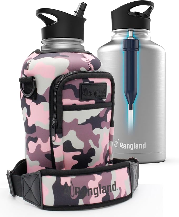 Insulated 64 Ounce Filtered Water Bottle for Women with Crossbody Carrier Bag - Sport Straw Lid, Carbon Filter, Neoprene Sleeve w/Carrying Shoulder Strap (Stainless Steel) Camo Pink