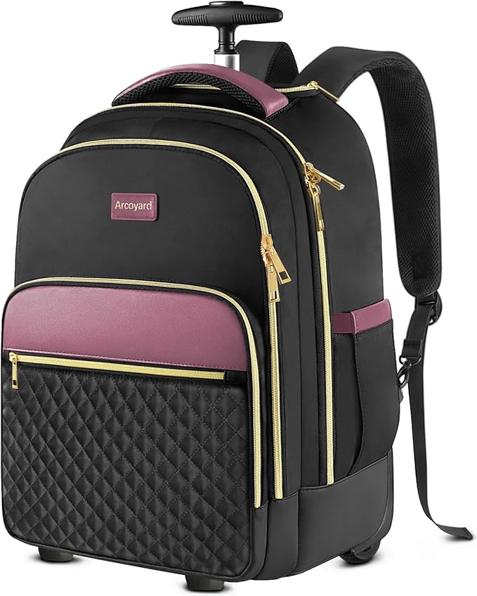 Arcoyard Rolling Backpack for Women, 17 Inch Laptop Backpack With Wheels for Adults, Large Water Resistant Wheeled Carry On Luggage Roller Bag, Flight Approved for Work, Travel, College, Black Purple