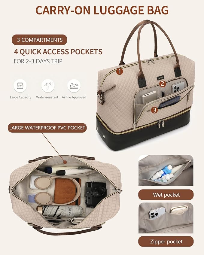 Weekender Bags for Women Travel, Under Seat Carry On Bags for Airplanes Overnight Bag with Shoe Compartment Luggage Sleeve, Foldie Travel Tote Bag Hospital Bag, Travel Gifts, Nude Black
