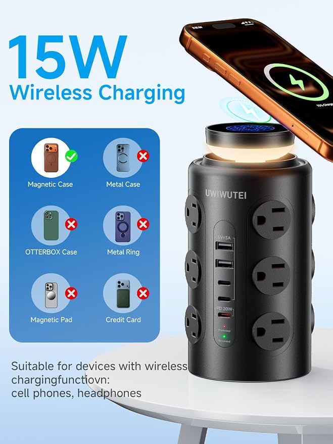 Tower Power Strip Surge Protector with Wireless Charging & Night Light - PD20W Fast Charging Station,12 Outlets, 5 USB (3 USB-C),1800J Protection, 10FT Extension Cord, Home Office Essentials(Black)