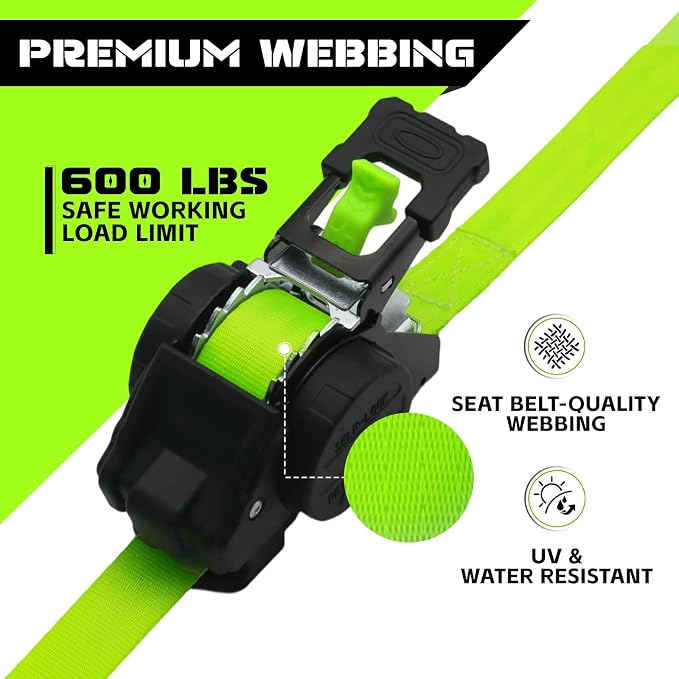 Retractable Ratchet Straps 1" x 13Ft, Heavy Duty Self Retracting Tie Down Straps, 1800lb Break Strength Auto Retract Cargo Straps for Truck, Trailer, Motorcycle, ATV, UTV, (Fluorescent Green, 2 Pack)