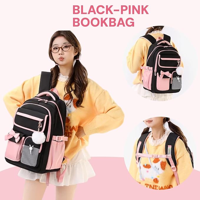 Girls Backpack School Bags Kids Elementary School Backpack for Girls Teens Cute Childrens Bookbags Casual Back Packs, Black Pink