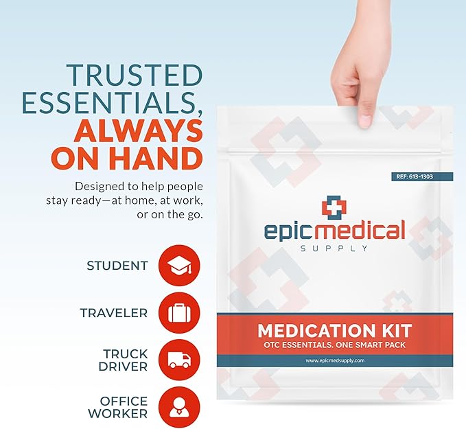 Epic Medical Supply First Aid Kit Medication Refill 115-Count Unit Dose Packets Alcohol Pads & Bandages Emergency Medicine Kit Pills 1st Aid Kit Refill Travel Camping Assembled in USA (115 Pieces)