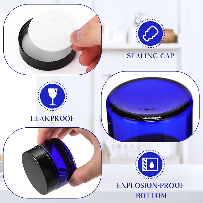 Domensi 100 Pcs 1oz Glass Jars with Lids Bulk Small Glass Salve Tins Cream Container Cosmetic Jars for Travel Balm with Inner Liners for Sample Cream (Cobalt Blue,Black Lid,Plastic Lid)