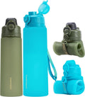 TakeToday Collapsible Water Bottles 32oz Blue and Jungle 20oz, Foldable Travel Water Bottle with Strap, BPA Free, Silicone Water Bottle Leakproof for Hiking, International Travel, Outdoors