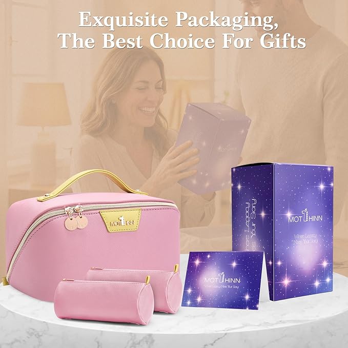 Travel Makeup Bag for Women: 3-in-1 Large Capacity Cosmetics Organizer with 2 Detachable Pouch - Vegan Leather Flat Open Toiletry Bag - Travel Essentials for Full-Sized Bottles(02-Pink)