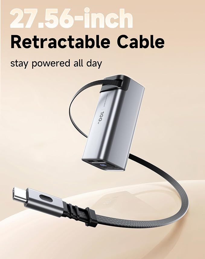 REWONDER 100W Power Bank Fast Charging 20000mAh with Built-in Retractable USB-C Cable, Portable Charger for MacBook Laptop, iPhone 17/16 Series, Samsung, TSA Approved for Air Travel