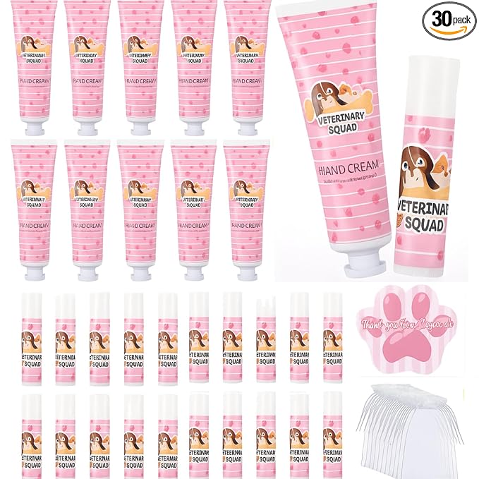 30 Packs Vet Appreciation Gifts Bulk Hand Cream & Lip Balm for World Veterinary Day & National Pet Day with Organza Bags and Thank You Cards for Veterinary Staff Techs Animal Lovers