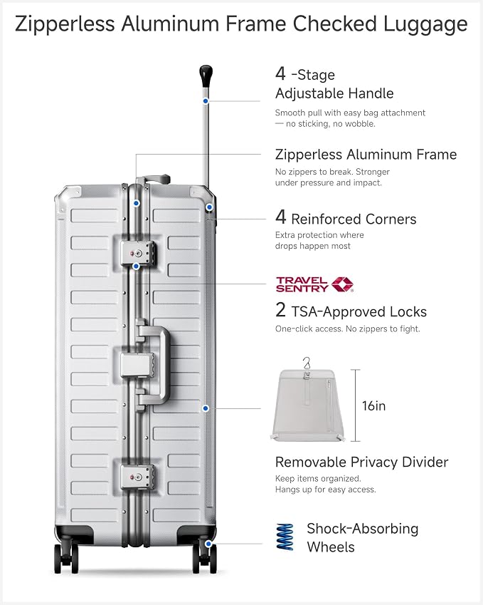LUGGEX Checked Suitcase with Spinner Wheels, 8010S Aluminum Frame Zipperless Polycarbonate Hard Shell Suitcase (ZX-Core, Silver Ivory, 28 Inch)
