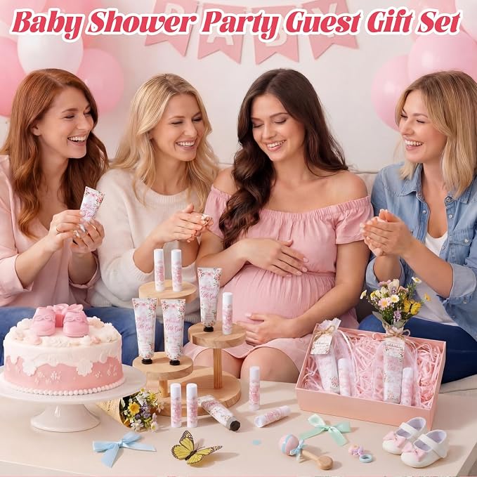 24 Sets Pink Bow Baby Shower Hand Cream and Lip Balm Gift, a Sweet Little Girl Is on The Way Baby Shower Favors, Pink Bow Party Favors for Guests Mini Hand Lotion and Lip Balm Coquette Party Supplies