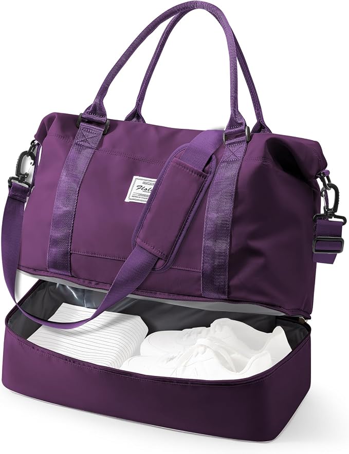 Travel Duffel Bag, 18x14x8 Inches Travel Bag Spirit with Shoes Compartment, Weekender Overnight Bag for Women with Trolley Sleeve, Carry On Bag for Airplanes Sport Tote Gym Bag DeepPurple