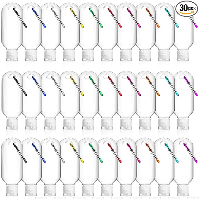 FairySandy 30 Pcs Traveling Bottles with Keychain 2oz Clear Plastic Hand Sanitizer Holder Keychain Empty Refillable Liquid Packing Container Squeeze Plastic Bottle with Lid,Rectangle