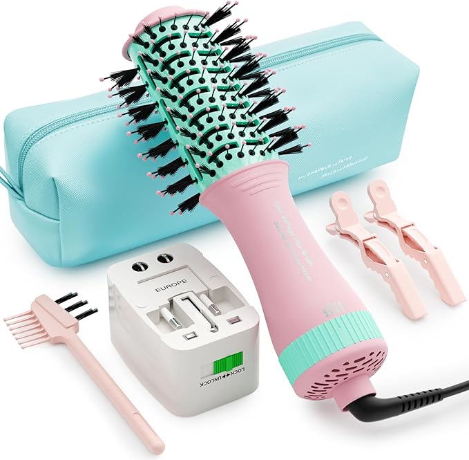 Dual Voltage Travel Dryer Styler in One, 2 Inch Oval Jet Brush for Worldwide Use, 110-240V European Hair Dryer & Volumizer with Universal Adapter