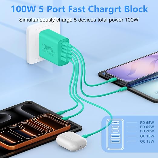 QZIIW USB C Wall Fast Charger Block, 100W 5-Port Type C Fast Charging Block 3 Pack-PD Power Charger Adapter QC 3.0 USB Multiport Charger Brick for iPhone 17 16, Samsung Series MacBook/Air, iPad, etc.