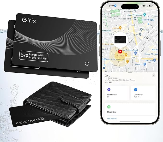 Wallet Tracker Card,Thin Finder, Item Finders Works with Apple Find My (iOS Only), IP68 Waterproof Item Locator for Luggage Tags, Passports, Bags (2 Black)