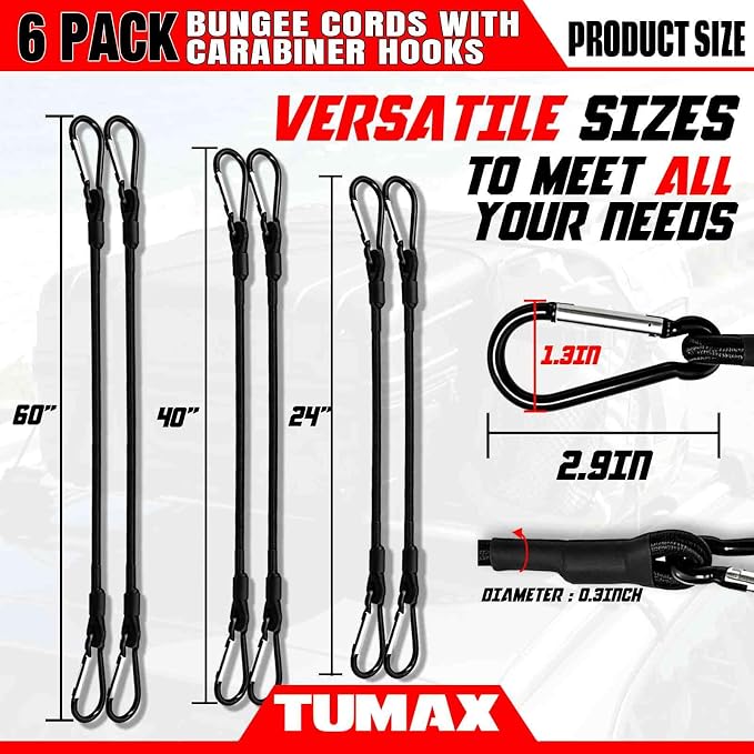 Bungee Cords with Carabiner Hooks, 6 Pack Heavy Duty Long Carabiner Rubber Bungee Cord Assorted Size 24" 40" 60", for Camping, Tarps, Bike Rack, Car, Included A Drawstring Bag