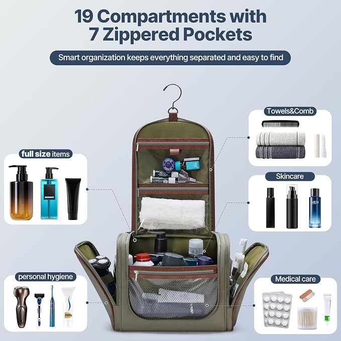 ZAHNI Hanging Toiletry Bag for Men with 360° Hook, Large Toiletry Travel Bag, Bathroom Shower Organizer for Shaving, Grooming & Toiletries_Green