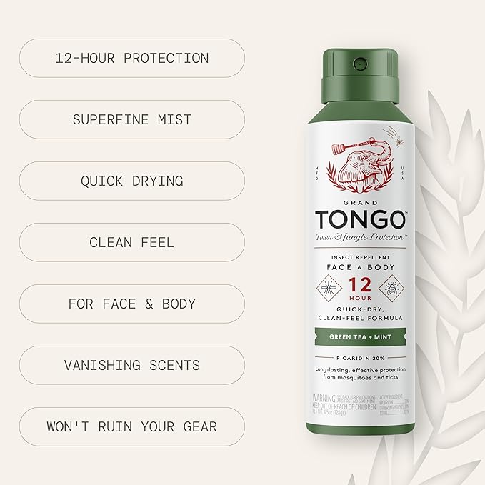 Grand Tongo Green Tea + Mint Insect Repellent, 12-Hour Mosquito & Tick Protection, Picaridin-Based, Water-Based, Lightweight, Quick-Drying, Vanishing Scent, DEET Alternative, Face & Body Use, 3 Pack