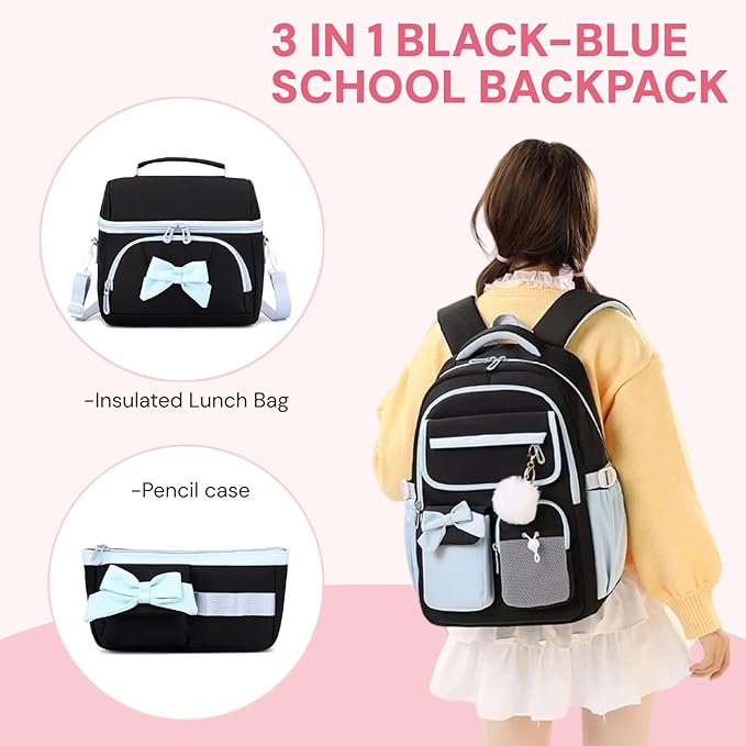 Girls School Backpack with Lunch Box Pencil Case Set, Cute Middle School Bag Teen Girls Backpack Bookbag for Kids, 3pcs Black Blue