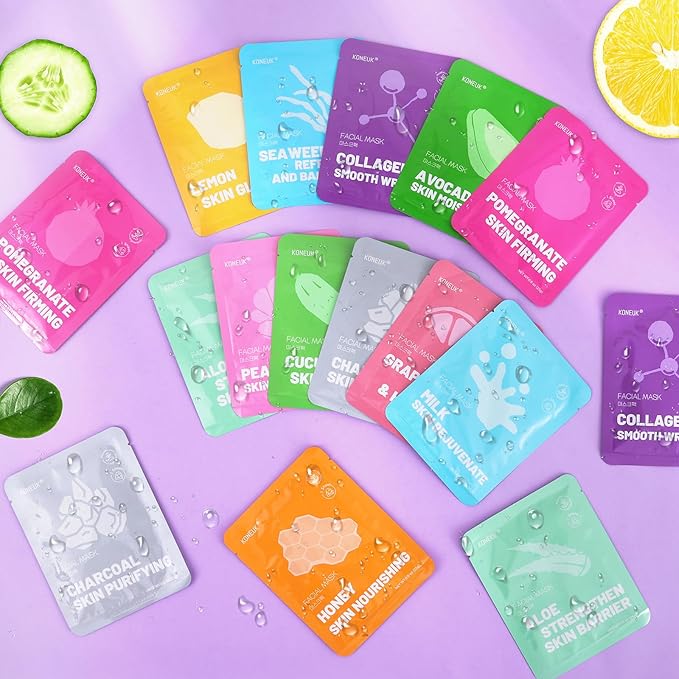 KONEUK 24 Pack Sheet Hydrating Face Masks Skincare, Soothing & Moisturizing Face Mask for All Skin Types, Bulk Collagen Face Mask for Women Skin Care, Facial Masks Set Spa Gifts for Women