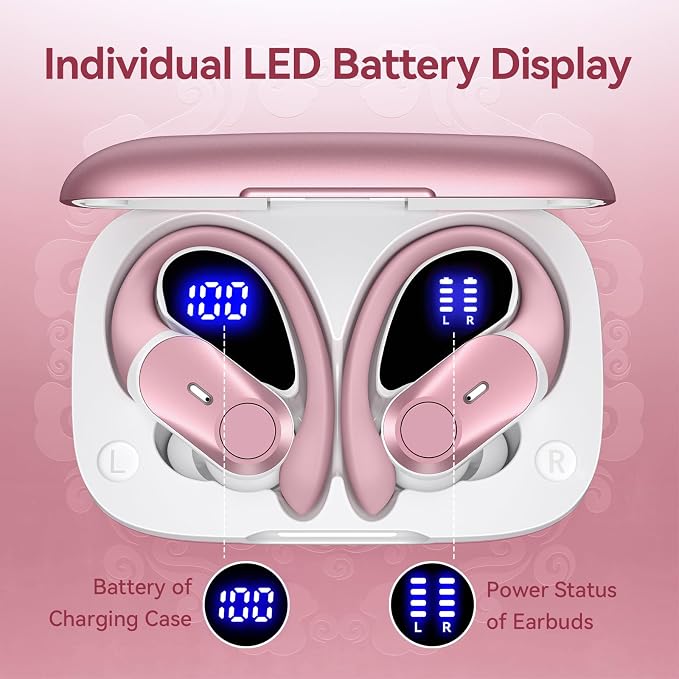 Active Noise Cancelling Ear Buds Wireless Earbuds 80H Playtime Bluetooth Headphones with LED Display Case, Hi-Res Audio Clear Calls Earphones with Over Ear Hooks for Running Gym Workout Rose Gold