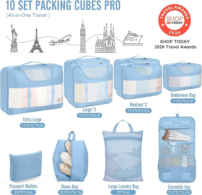 Veken 10 Set Packing Cubes for Travel Essentials, Suitcase Organizer Bags in 4 Sizes, Carry-On Luggage Accessories with Large Laundry Bag & Passport Holder, Must-Have for Airplane, Road Trip & Camping