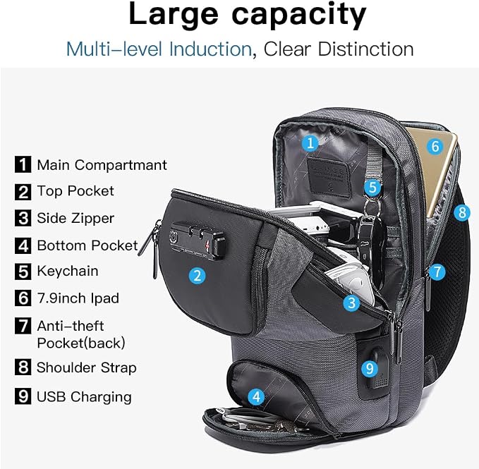 BANGE Anti Theft Sling Bag with USB Charging Port, Waterproof Crossbody Chest Pack, Lightweight Travel Daypack Shoulder Bag for Men Women