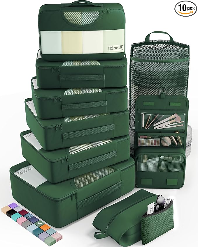 Veken 10 Set Packing Cubes for Travel Essentials, Suitcase Organizer Bags in 4 Sizes, Carry-On Luggage Accessories with Large Laundry Bag & Passport Holder, Must-Have for Airplane, Road Trip & Camping