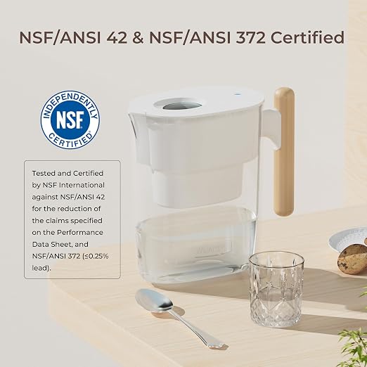 Waterdrop PT-04W Water Filter Pitcher, 10-Cup Capacity, NSF Certified, 200-Gallon Long-Life Filter, 5X Longer Filter Life, Reduces PFOA/PFOS and Chlorine, BPA-Free, Sturdy Wooden Handle, White