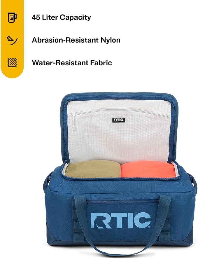 RTIC Road Trip Duffle Bag for Men and Women, Traveling Tote for Camp, Travel, Gym, Weekender, Camping, Overnight, Carry On, Sports, Spacious, Water Resistant, Medium, Navy & Denim