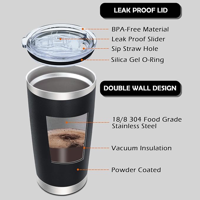 AIANJI 20oz Tumbler Bulk Stainless Steel Tumblers with Lid Vacuum Insulated Double Wall Travel Coffee Mug Powder Coated Tumbler Cup for Hot and Cold Drinks(Black, 12 pack)