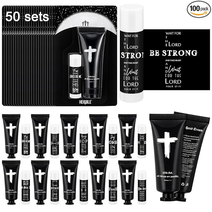 50 Sets 100 Pcs Church Gift for Men Bulk Black Hand Cream and Lip Balm Religious Bible Verse Cedar Scent Lip Moisturizer Christian Appreciation Gift for Coworker Church Party Favor