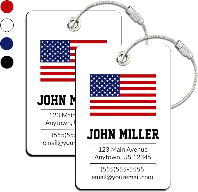 Personalized Luggage Tag with American Flag | 2 Pack | Custom Luggage Tags for Suitcases | Kids Backpack Tag | 4 Color Options & Choose Font, Font Color