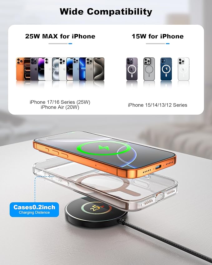 ZBF 25W Magnetic Wireless Charging Pad | USB-C for iPhone Samsung | Ultra-thin Strong Magnet,Fast Charging For Desk/Travel/Bedside/Office,Works with iPhone 17-12 & Samsung S26/S25,MagSafe